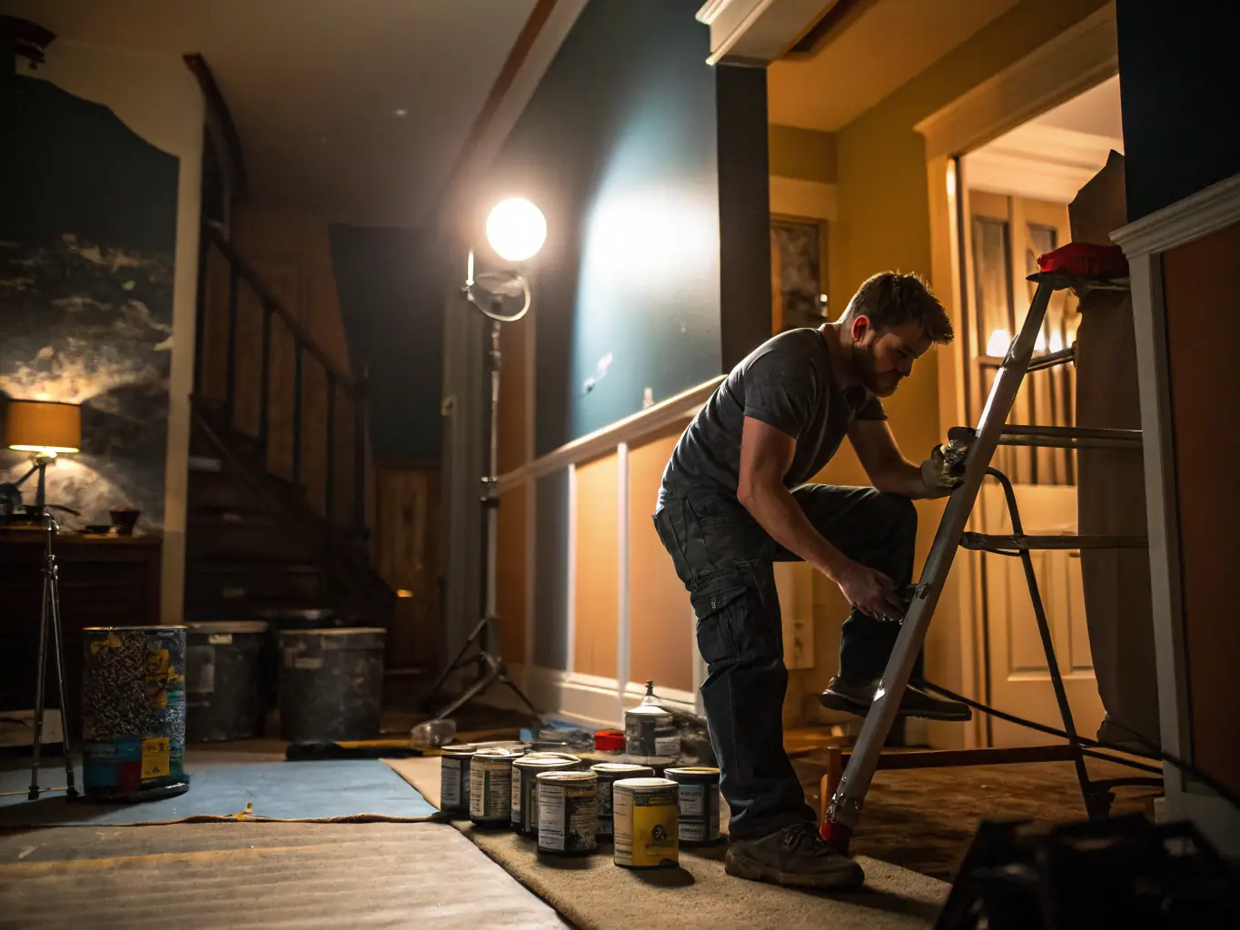 A handyman carefully painting the trim of a window in a modern living room, showcasing precision and attention to detail.