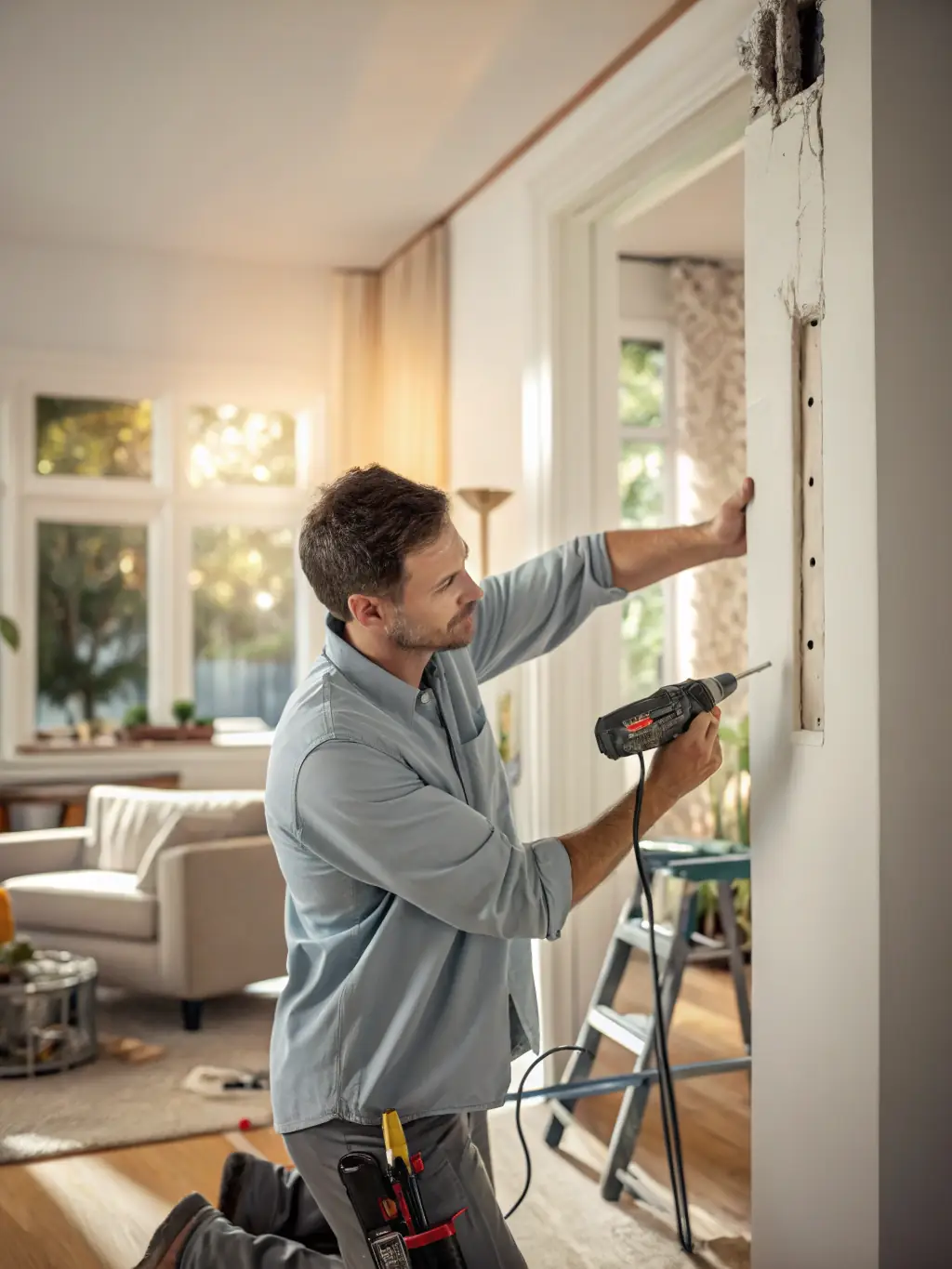 A photo of a PanFix employee repairing a drywall, showcasing the company's ability to handle small home repairs.