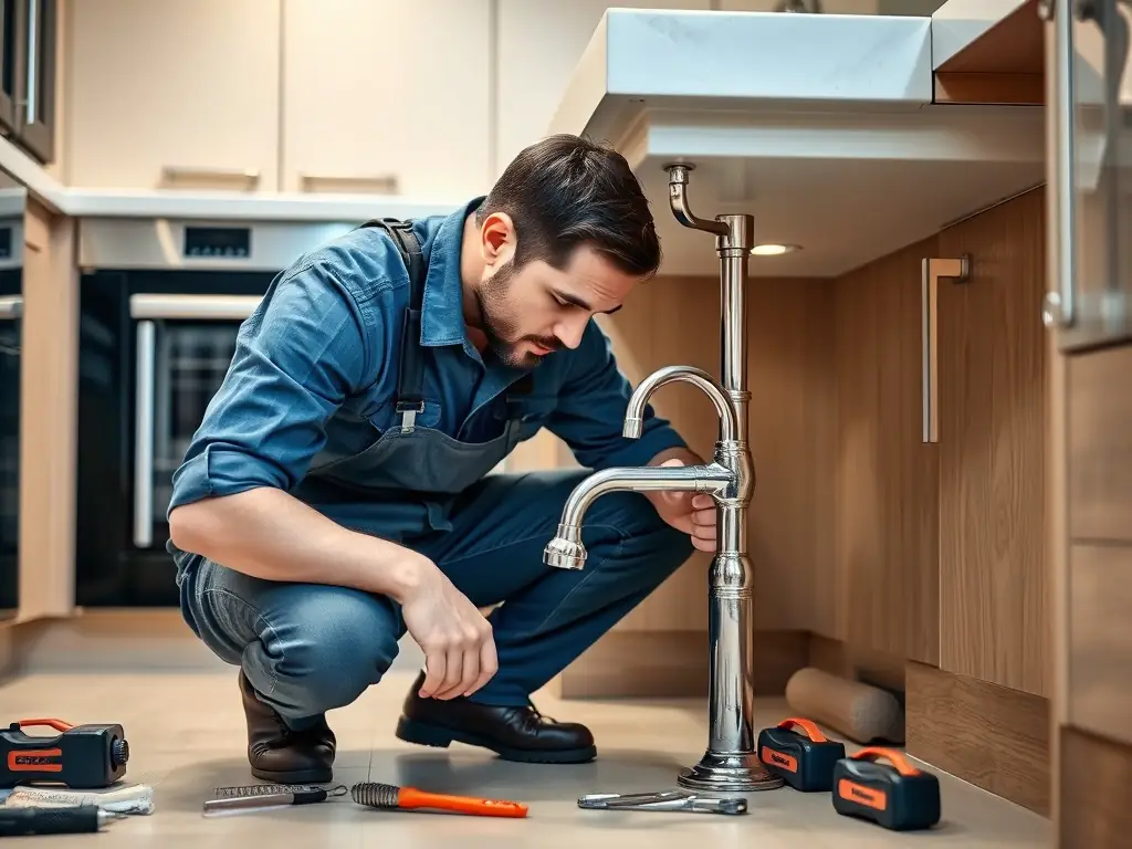 A handyman repairing a leaky faucet in a kitchen, highlighting the versatility of PanFix's services.