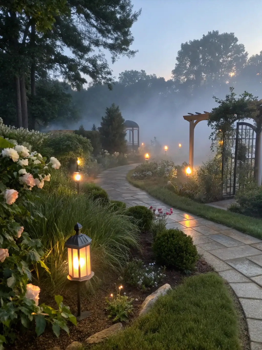 A vibrant image of a garden decorated with newly installed outdoor lights and potted plants, showcasing PanFix's garden decoration services.
